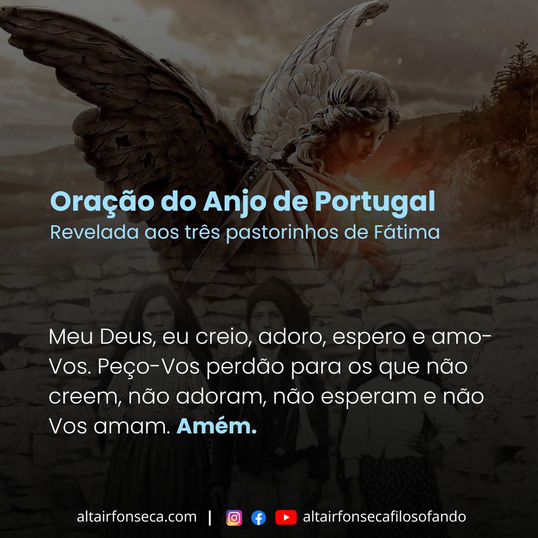 Santíssima Trindade, Pai, Filho, Espírito Santo, adoro-Vos profundamente e ofereço-Vos o preciosíssimo Corpo, Sangue, Alma e Divindade de Nosso Senhor Jesus Cristo, presente em todos os sacrários da terra, em reparação dos ultrajes, sacrilégios e indiferenças com que Ele mesmo é ofendido. E pelos méritos infinitos do Seu Santíssimo Coração e do Coração Imaculado de Maria, peço-Vos a conversão dos pobres pecadores.